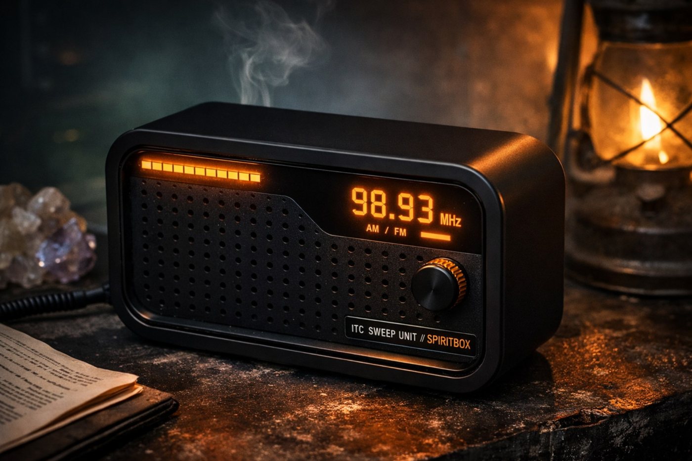 SpiritBox product render in a moody amber-lit scene